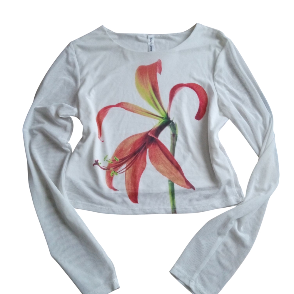 Gray and White Cropped Long Sleeve Tee with Floral Design